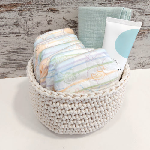 Χειροποίητο πλεκτό καλαθάκι καλλυντικών, κρεμ φυσικό, μικρό 